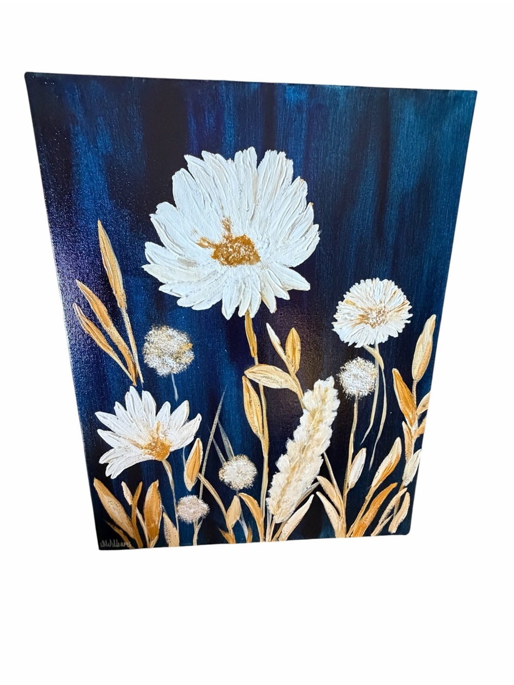 Original Artwork Acrylic on Canvas Florals White Gold against Dark Blue 16 x 20"